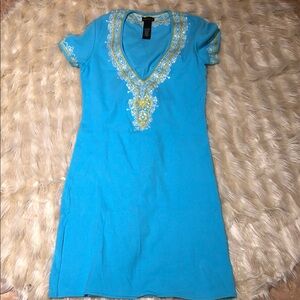 Moda International turquoise dress with white and gold embroidery